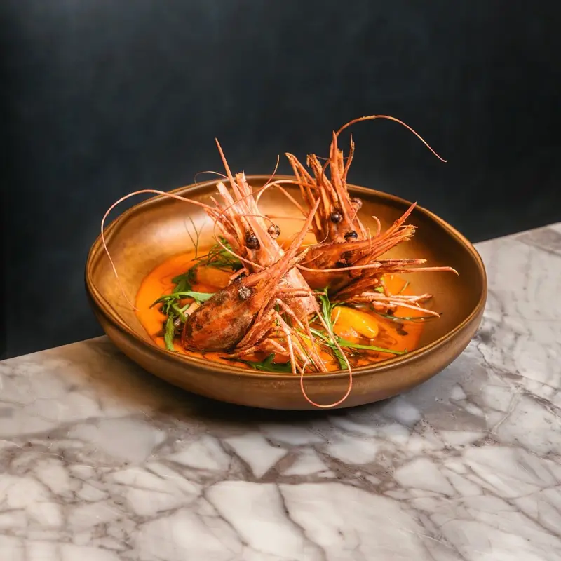 Spot prawns in a wooden bowl with broth at ELEM, a Michelin-recommended contemporary restaurant in Vancouver